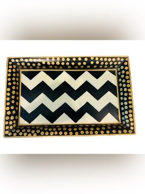 MacKenzie-Childs Zig Zag Tray Small Black White Gold Rectangular Tray 11”